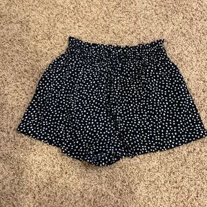 High Waisted Cinched Navy Polka Dot Shorts